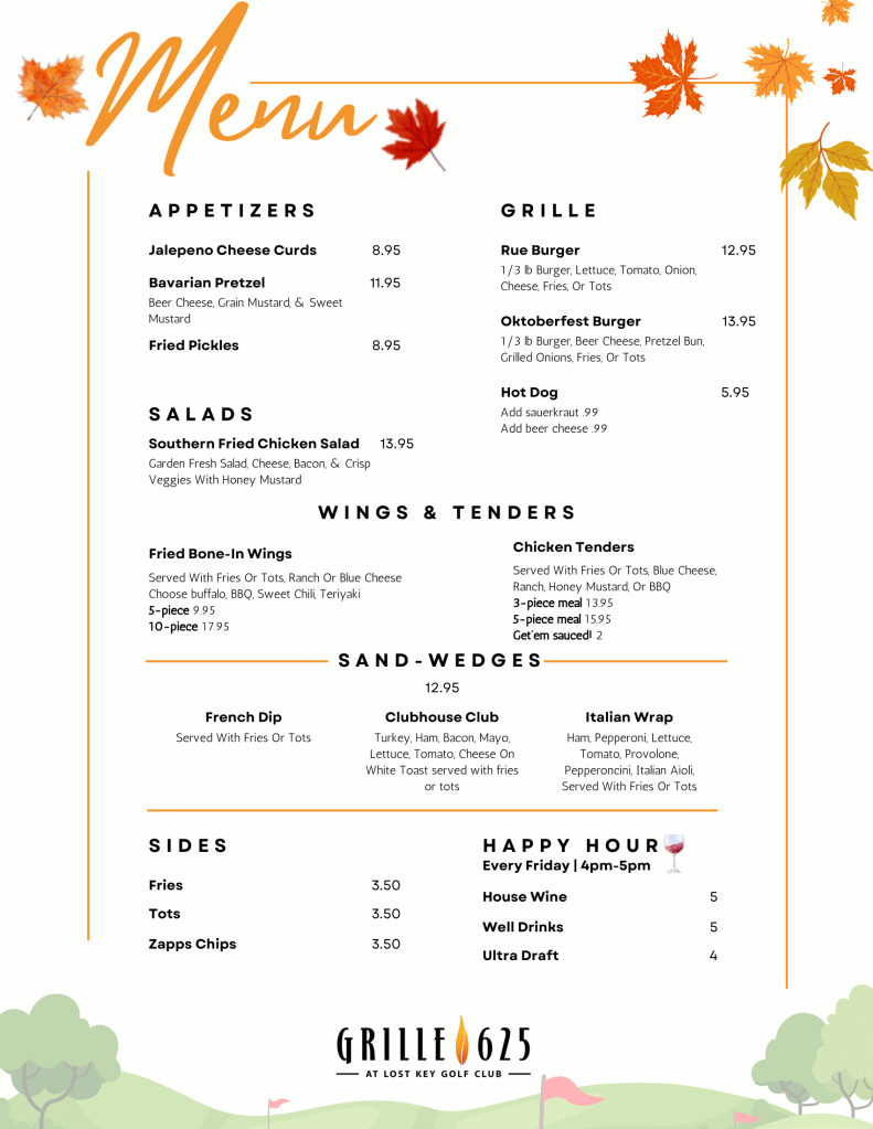 GRILLE 625 FALL MENU