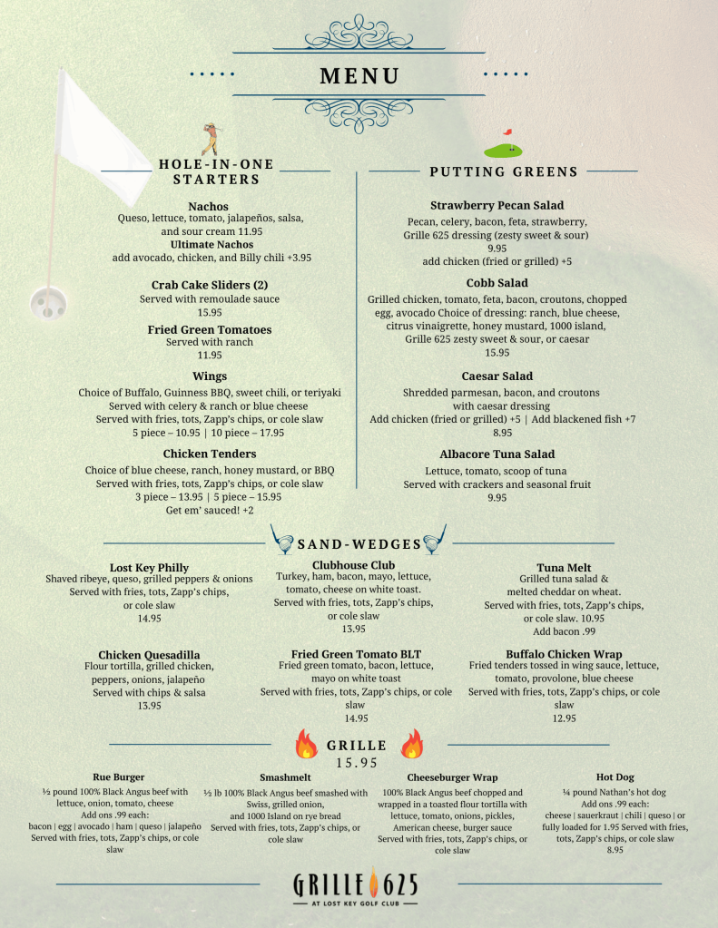 Grille 625 Spring 2026 Menu